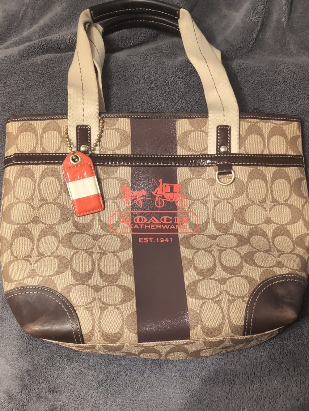 Coach Tan Signature Canvas Tote with Orange Accent
